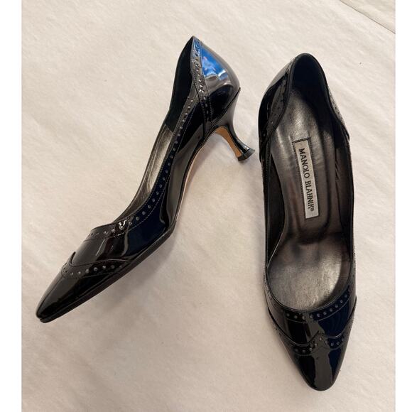 Vintage Manolo Blahnik Black Patent Leather Brogue Kitten Heel Pumps Eu 36.5 - Picture 3 of 5